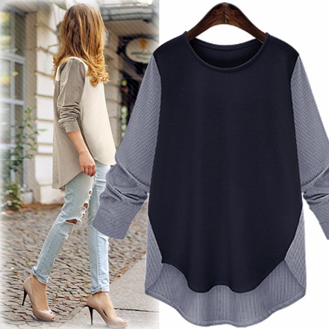 トップス レディース 切り替えトップス プルオーバー 長袖 大きいサイズあり ストライプ アプリコット ネイビー 黒 全３色 秋 新作 [A00598]