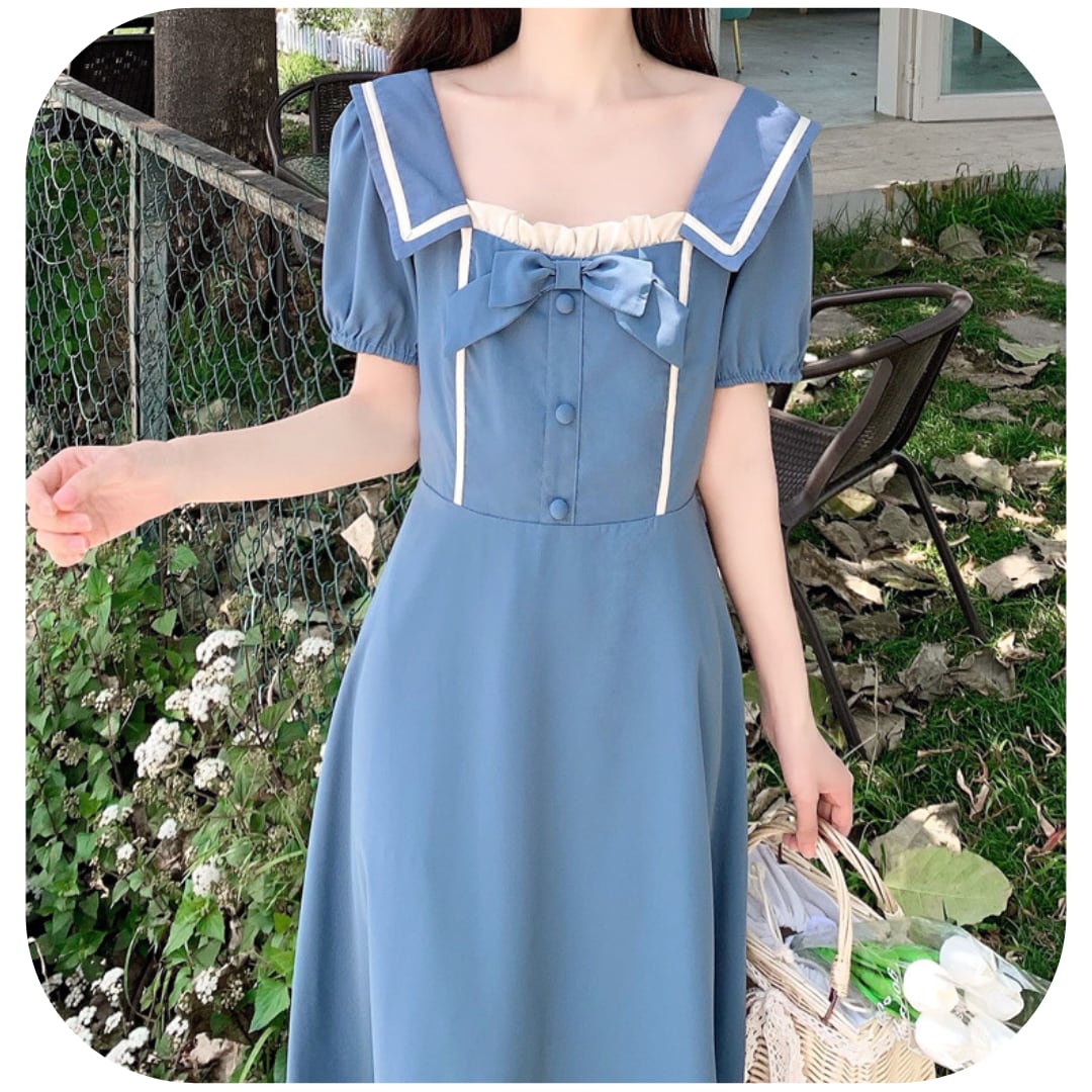 ターコイズブルー ライン入りワンピース 7 1 33 Bellmoda