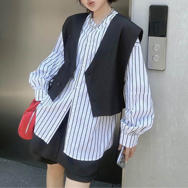 Striped twopiece vest shirt【2color】 C1585