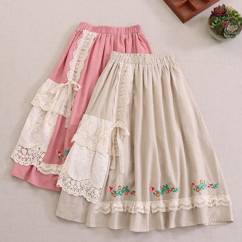 森ガール風ガーリーレース刺繍アシンメトリースカート W1065