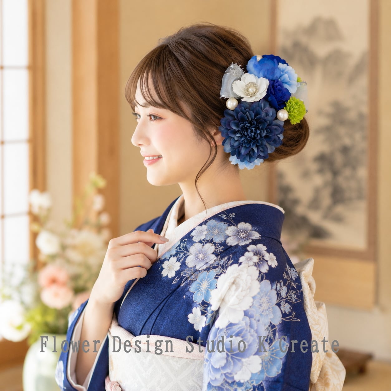 ウェディング・成人式に♡ブルーダリアとスイートピーのヘッドドレス 薔薇 結婚式 成人式 青 ネイビー ブルー 卒業式 袴