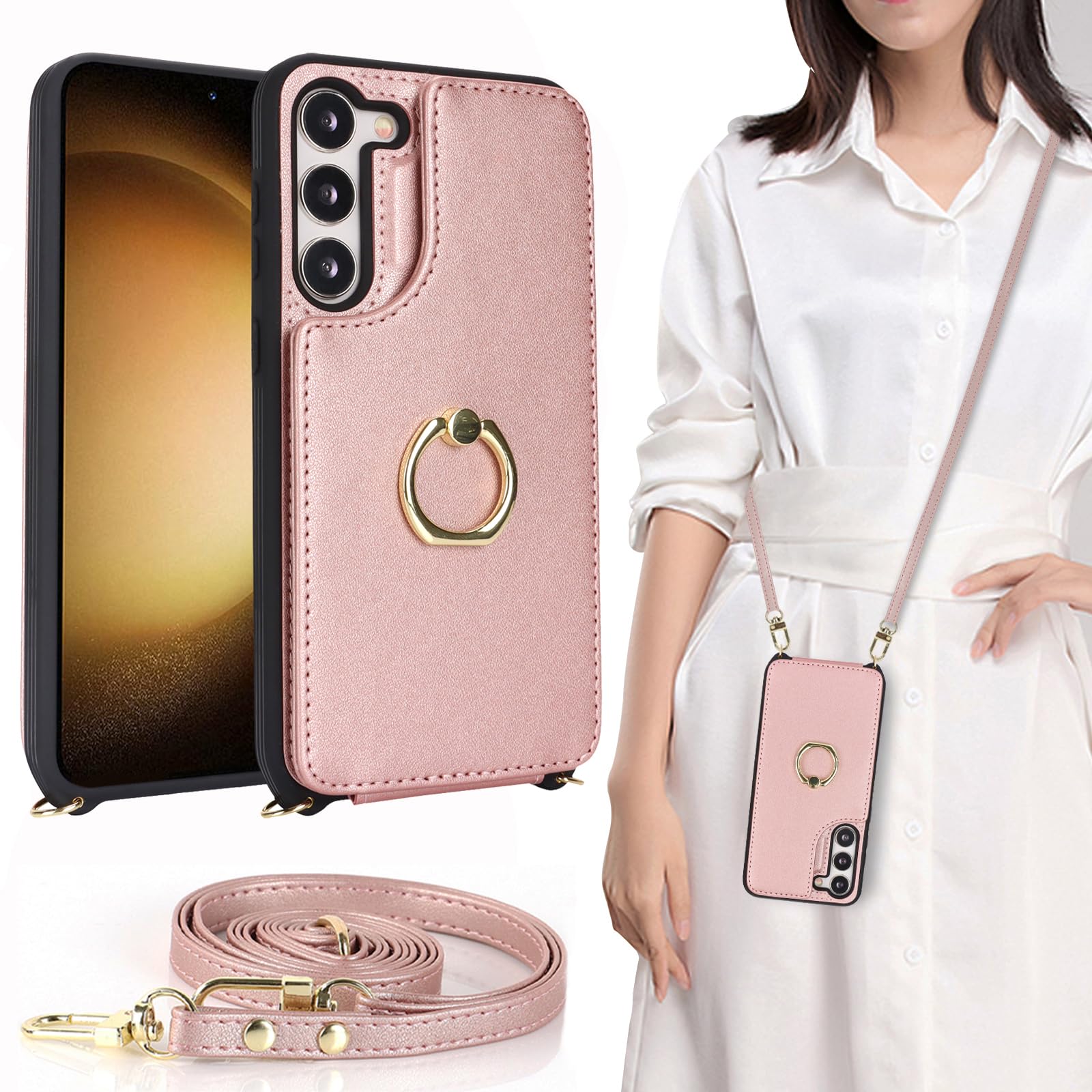 Galaxy S23 ケース ショルダー リング付き ストラップケース ショルダーケース ポシェット SC-51D docomo SCG19 au 楽天モバイル 対応 サムスンS23 galaxyケース SC51Dケース SCG19カバー エス23カバー サムスン ギャラクシーS23ケース 適用 case iCoverCase カードケース スタンド 斜め掛け 携帯カバー ピンク