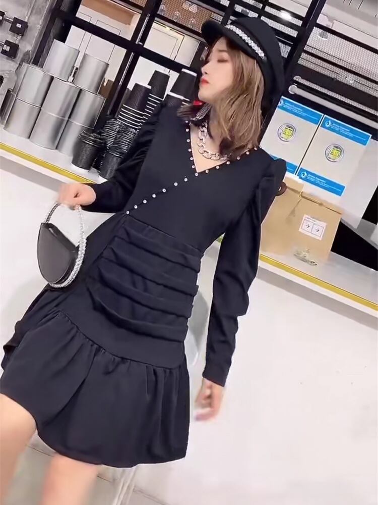 Vネックドレス スプリングスタイルショートスカート ロング 大きめサイズ 春物 ミックスインファッション78008796094