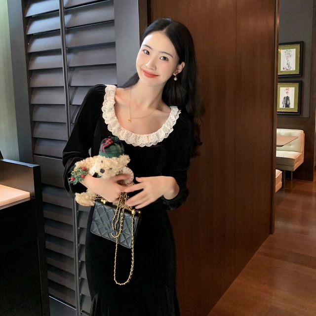 Lace Collar Velvet Mermaid Long Dress【H00533】