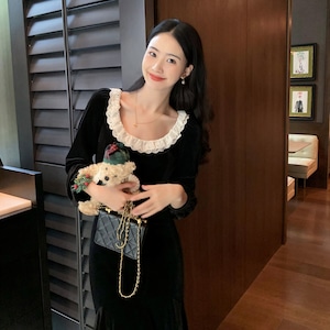Lace Collar Velvet Mermaid Long Dress【H00533】