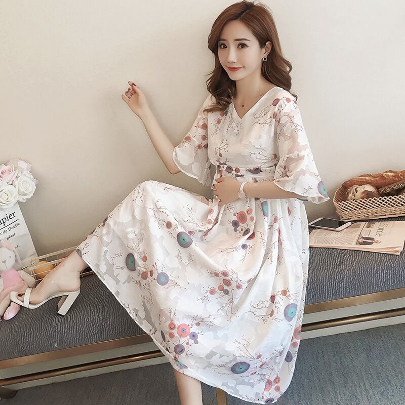 【新作】【送料無料】 マタニティウェア2020夏の新しいファッションシフォンカラーVネックドレス、トレンディなママミドルレングスのトレンディなマタニティドレス-アリババ サマー 夏物 expec275032385938