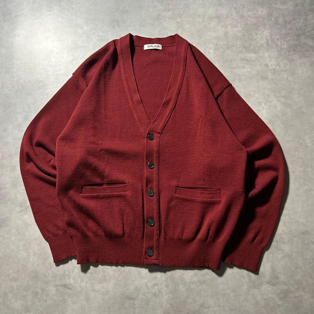 ヴィンテージ アクリル レッド ニット カーディガン マルチポケット レトロ