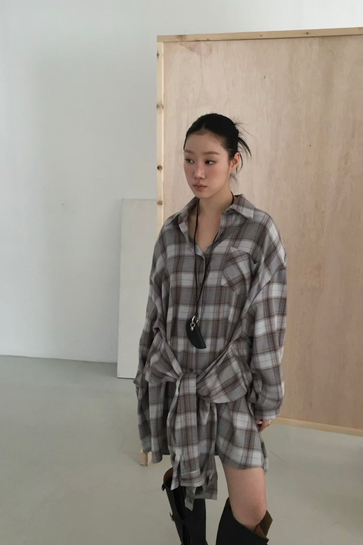 Tie Check Shirt Dress (Gray) 2601-24-017 | HELK