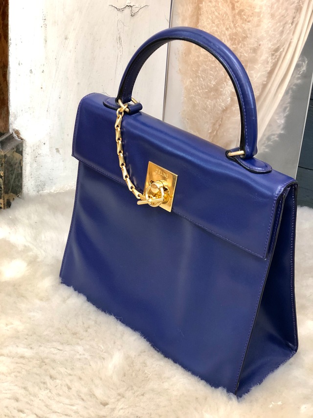CELINE　セリーヌ　 マンテル　チェーン　ガンチーニ　ケリー型　レザー　ハンドバッグ 　ネイビー系　ヴィンテージ　オールド　hga65j