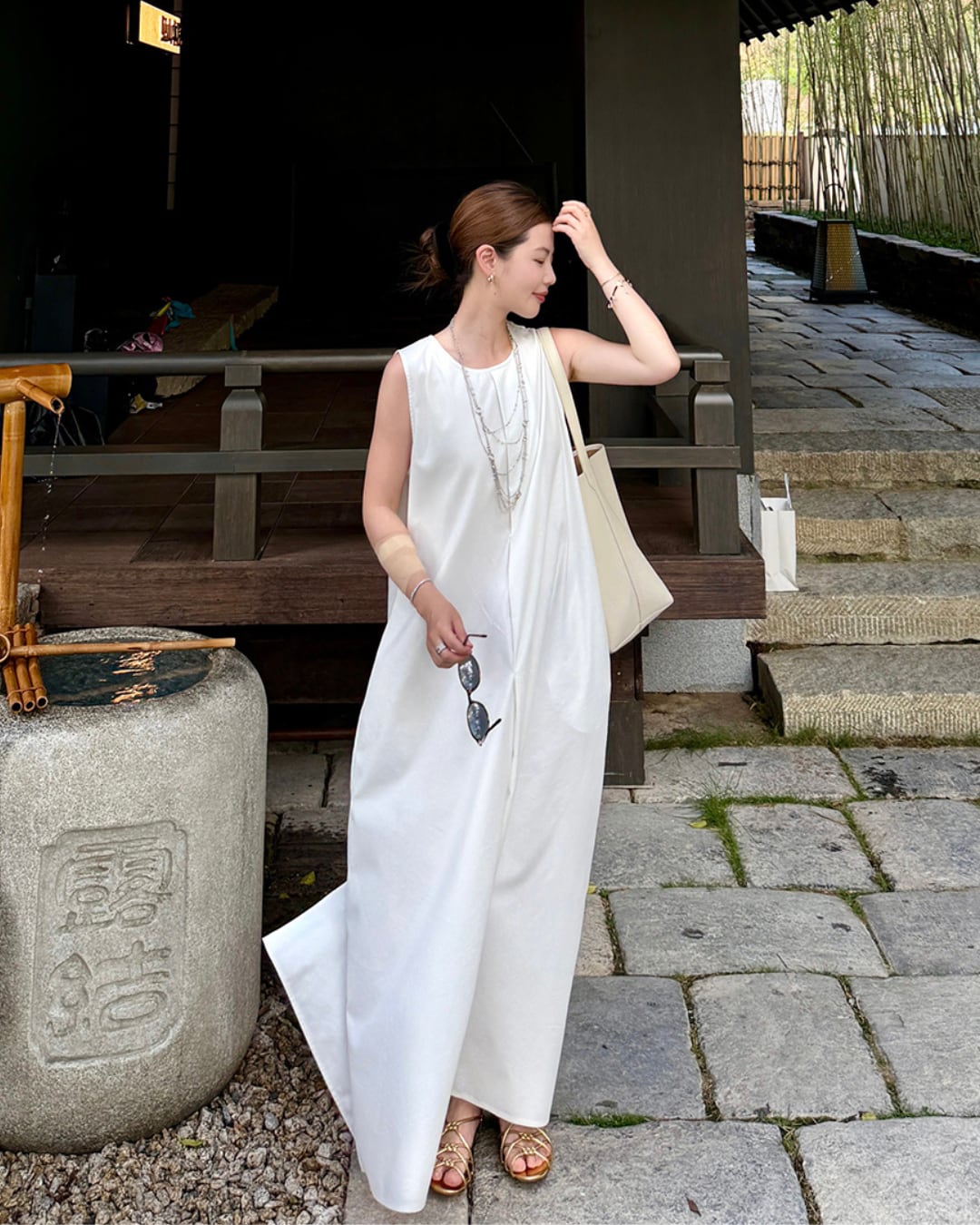 コットンブレンドノースリーブワンピース S25411