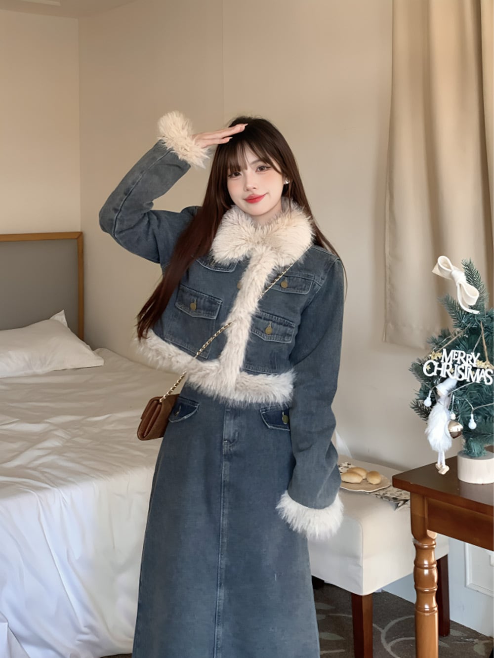 ポイントファーデザインロング＆ショートデニムセットアップ | 韓国