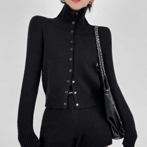 high neck button knit tops / l0081