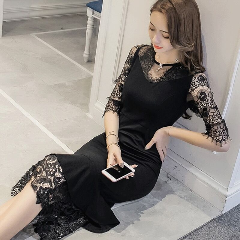 七分袖 レース マーメイドライン ワンピース