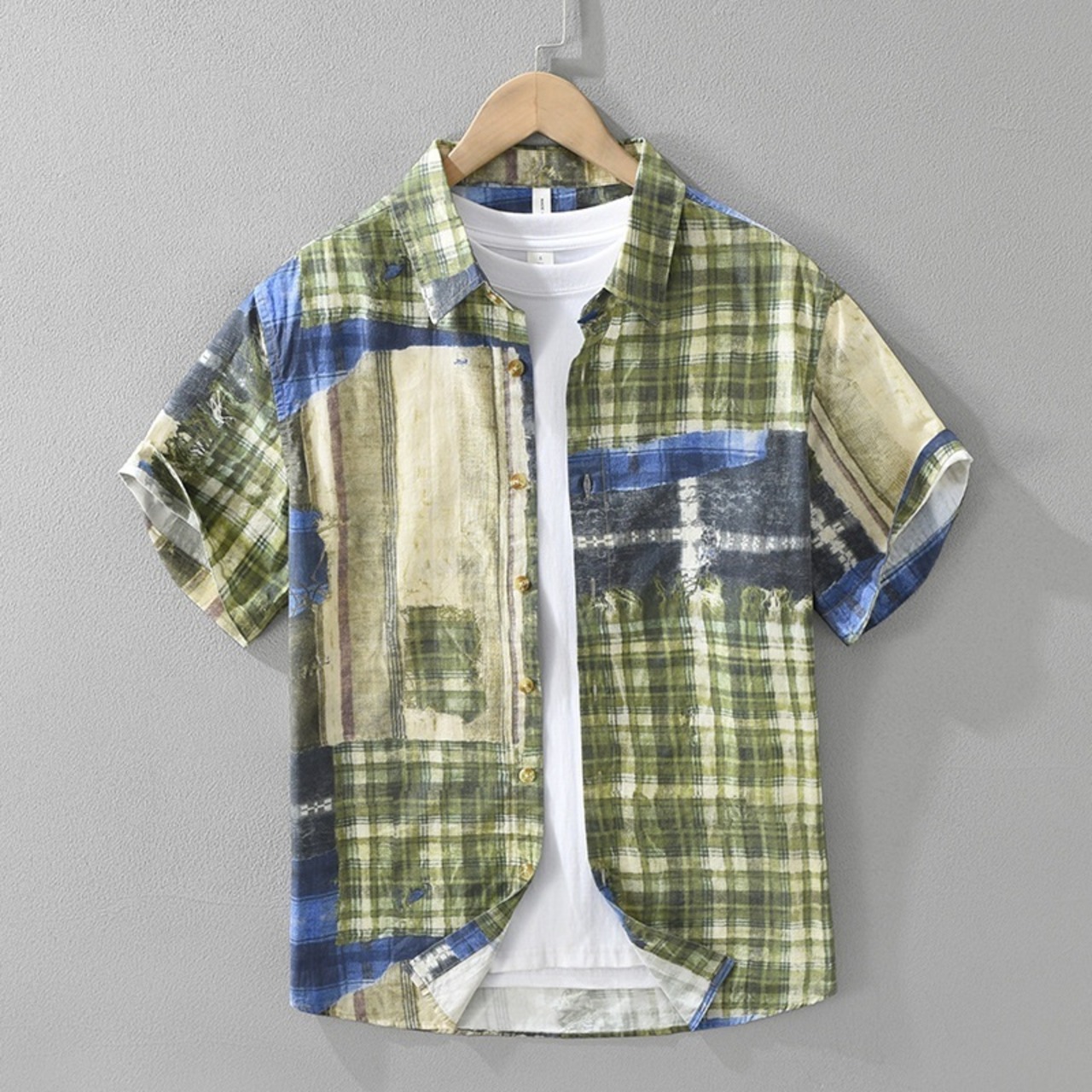Plaided Patchwork Print Shirt / チェック パッチワーク プリント シャツ