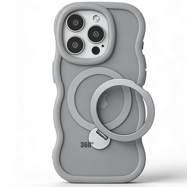 Kanyaku 互換品 ケース Iphone17用の ケース magsafe対応 超強磁力 TPU 韓国 可愛い ウェーブ ソフト 滑り止め 耐衝撃 半透明 マット感 360°回転スタンド 縦横両対応 スマホケース iphone 17 用 マグセーフ リング マグネット搭載 (LSXZ-17-hui)