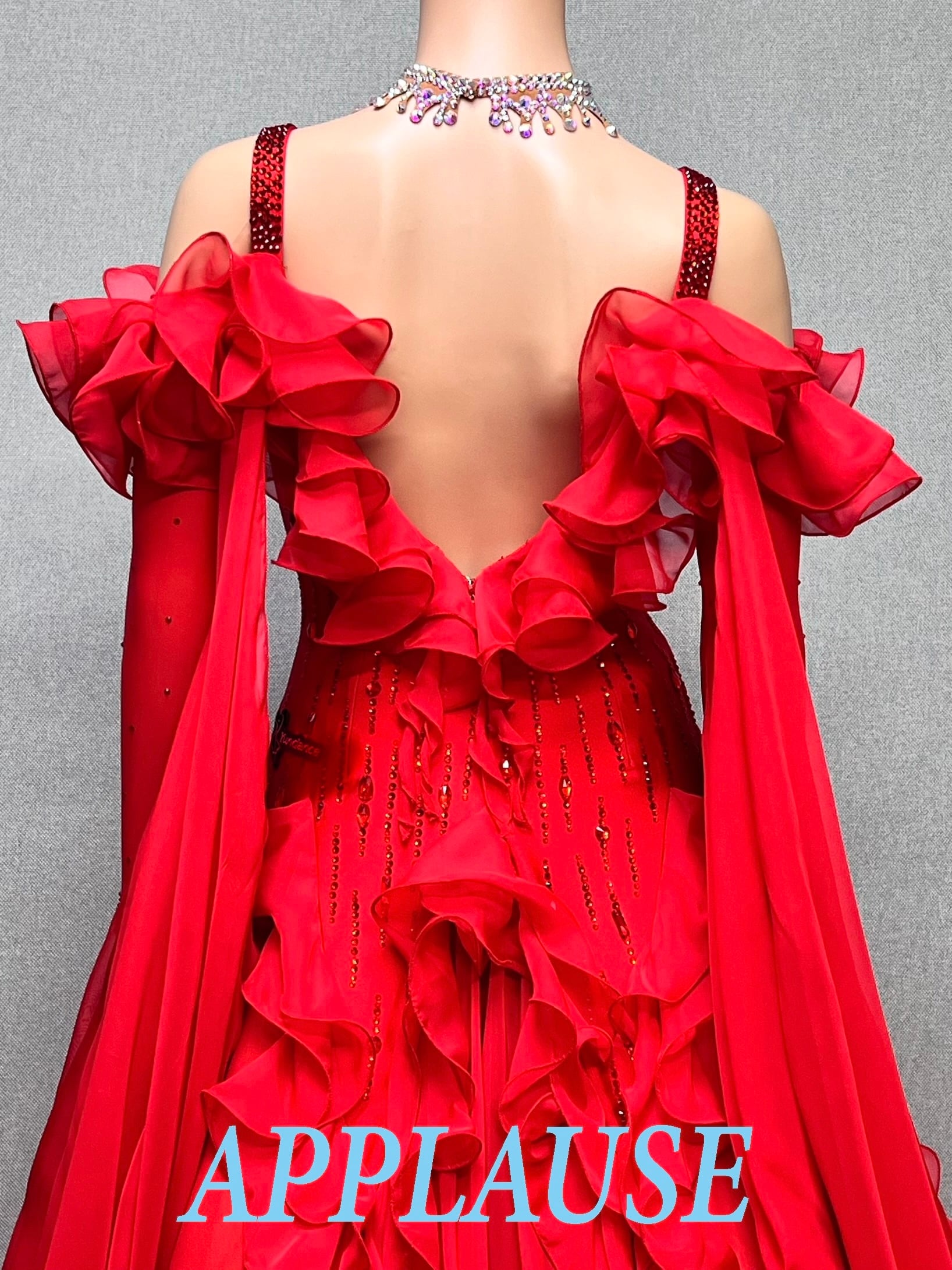 【新着】社交ダンス ドレス　モダン　スタンダード ドレス　　 ST-26-7　　レッド（フリル）　M　デモ・競技用ドレス　発表会　衣装　パーティドレス　ワンピース　舞台衣装