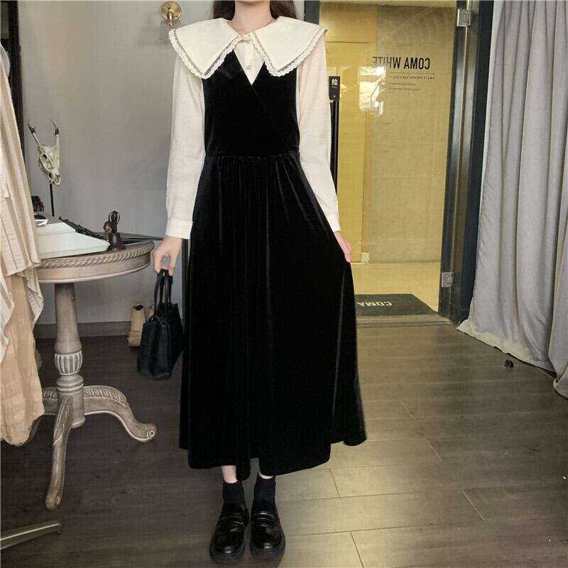 ドレス スタンダードストラップ ブラックゴールドベルベットスカート スプリング薄手 レトロ 春物 ブラックストロベリース20508646089