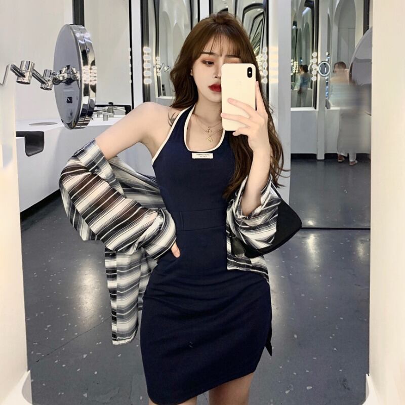 ホルターホルタードレス女性の夏のセクシーなスプリットヒップショートスカート2020新しいウエストベストスカート ブラックストロベリース28171555706