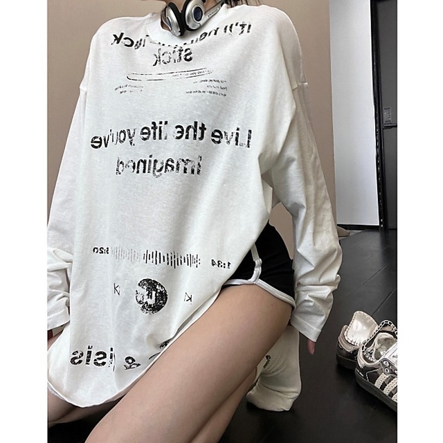 グランジプリントルーズロングＴシャツ［Ｍ-XXL］