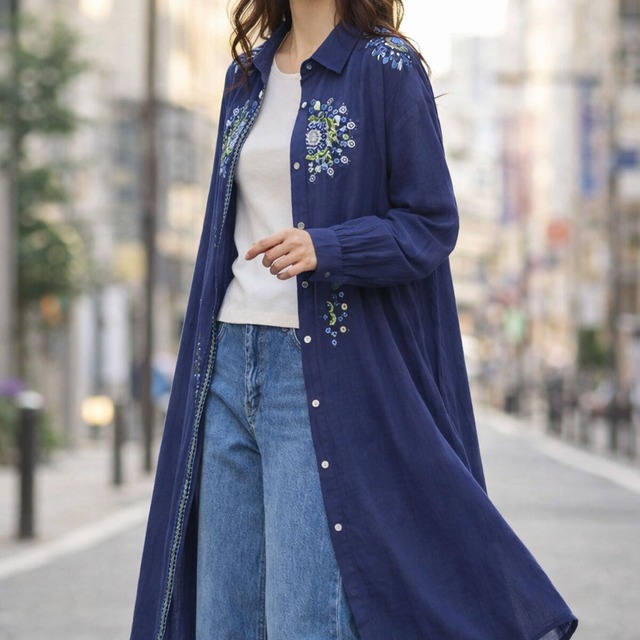 刺繍ロングシャツ 綿100% ワンピース 羽織り 韓国っぽ ネイビー