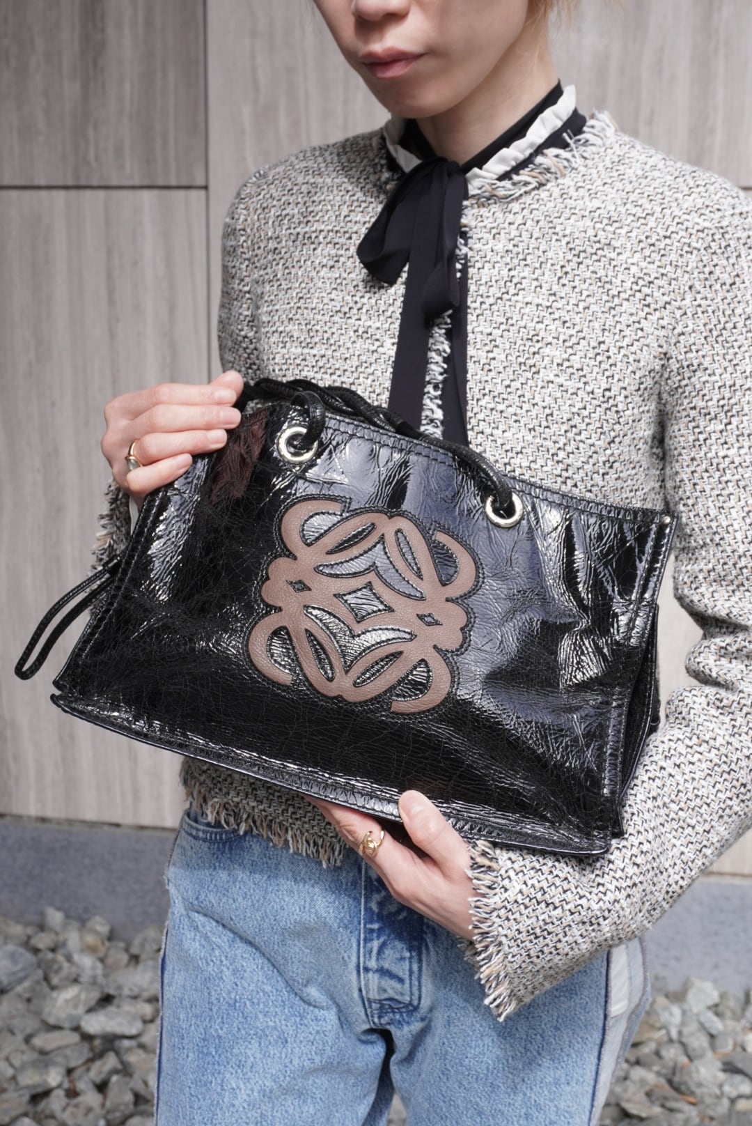 LOEWE ロエベ ハンドバッグ ブラック アナグラム エナメル トート