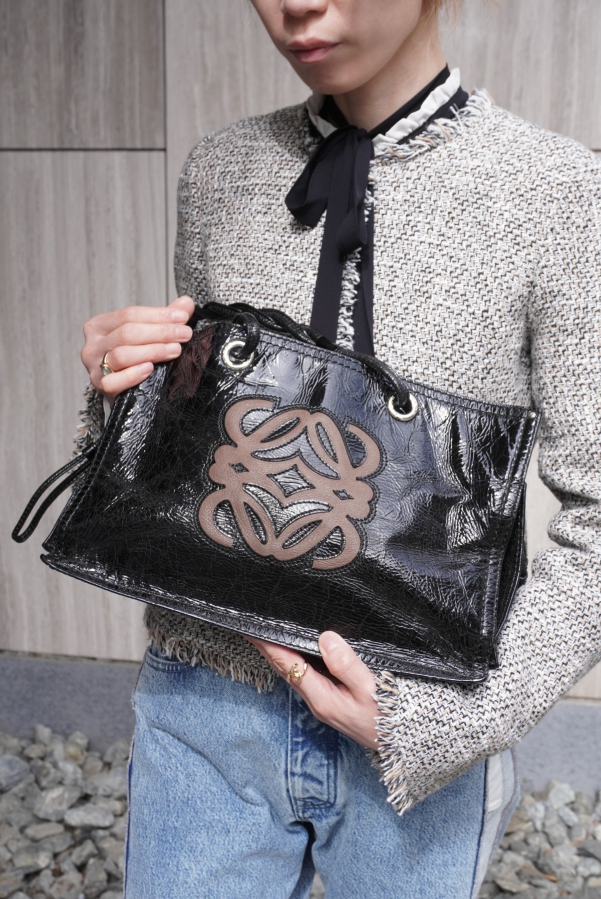 LOEWE ロエベ ハンドバッグ ブラック アナグラム エナメル トート 