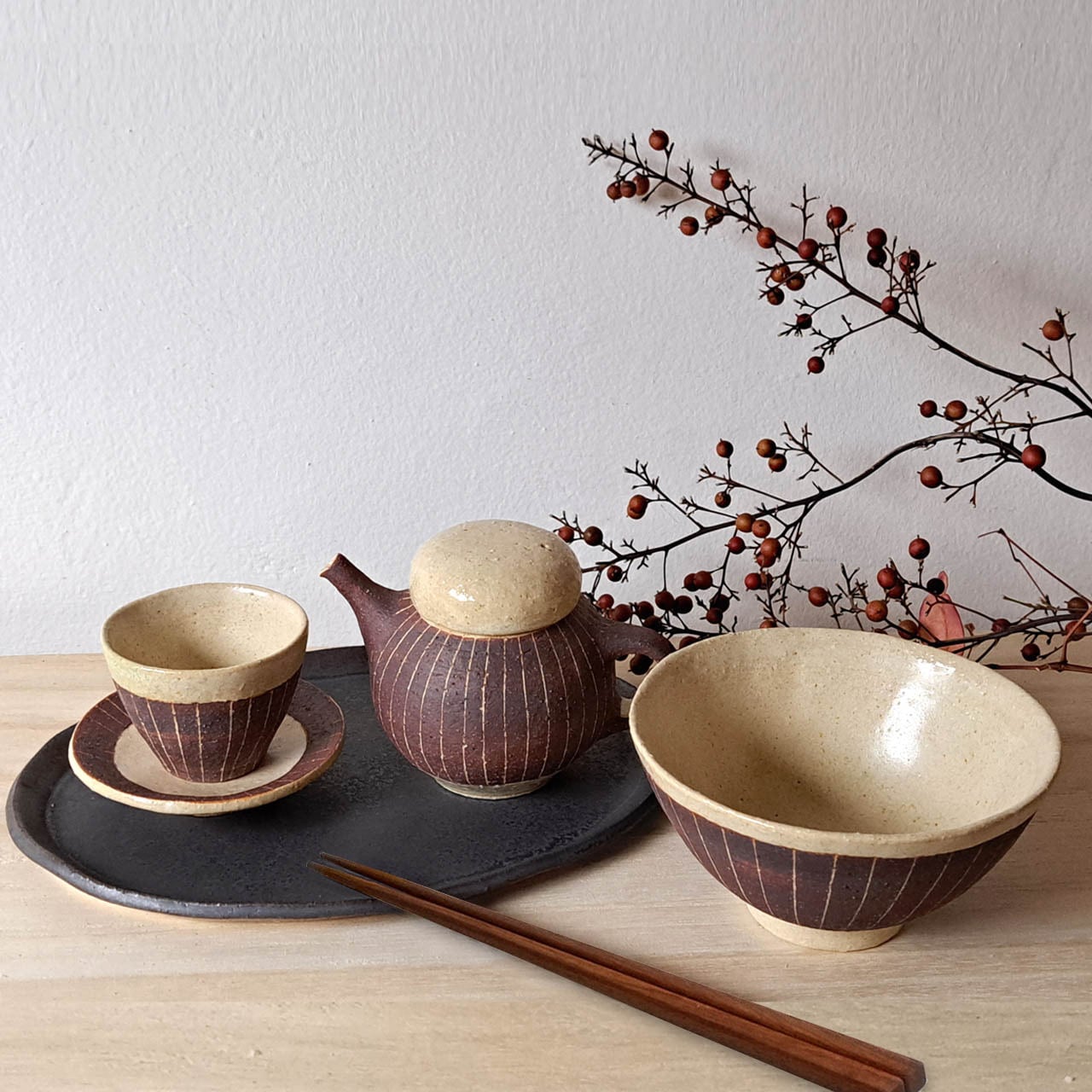 大野 素子】弁柄 お茶碗（縦縞） | gallery&select shop 縁
