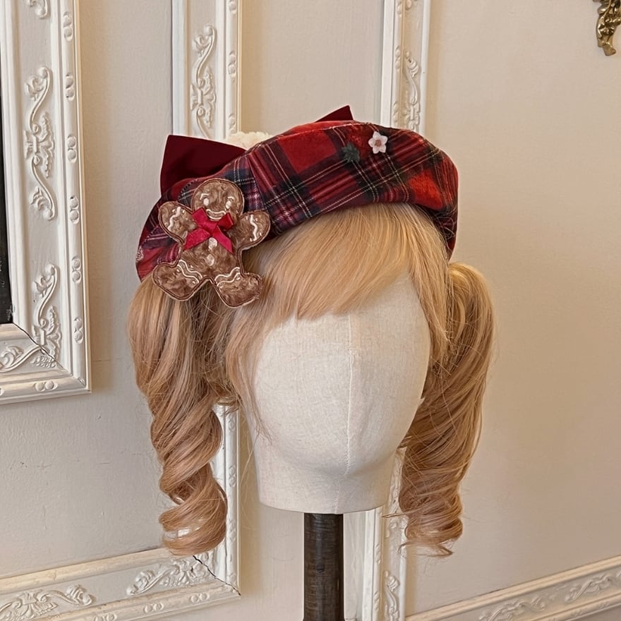 お菓子な魔法を添えて ジンジャーマンのベレー帽(赤チェック&リボン付)