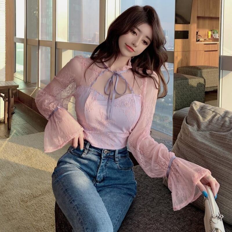 スプリングレースシフォン ロング 春物 Tシャツ ハンチェンe986923331