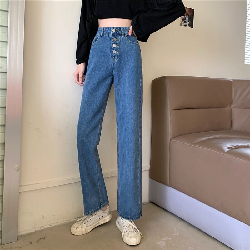 シングルブレストジーンズ女性の2020年秋新バージョンのルーズワイドレッグパンツワイルドハイウエストスリムストレートパンツ クレセントシティ50002102349