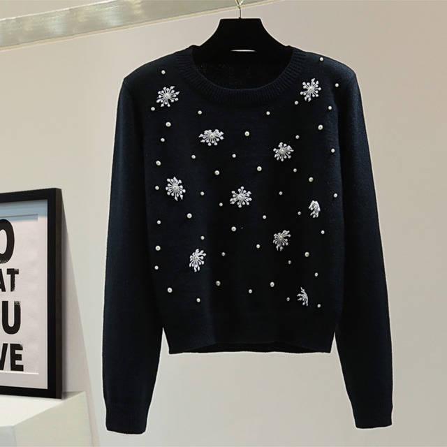 パールビーズ フラワー ニット-ブラック