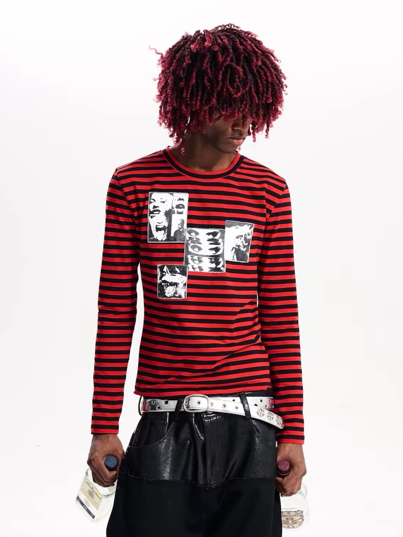 【Fourth3ex】Red Stripe Graphic Long Sleeve T-Shirt