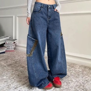 デニム カーブパンツ レディース 韓国 ワイドパンツ アメカジ ストリート 大人 カジュアル レオパード柄ポケット おしゃれ レトロ ゆったり 体型カバー ジーンズ 大人可愛い 大人女子