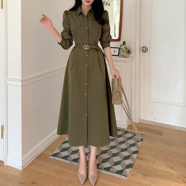【ワンピース】 ワンピース レディース 秋 おしゃれ きれいめ 可愛い シャツ ワンピース 春 秋 冬 20代 30代 40代 50代 卒業式 入学式 卒園式 入園式 謝恩会 同窓会 成人式 婚活 顔合わせ 七五三 お宮参り 大人 可愛い  カジュアル ミリタリーグリーン 緑 カーキ ブラック 黒
