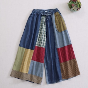 チェック柄パッチワークワイドパンツ ・9127 チェック柄パッチワークワイドパンツ ・9127