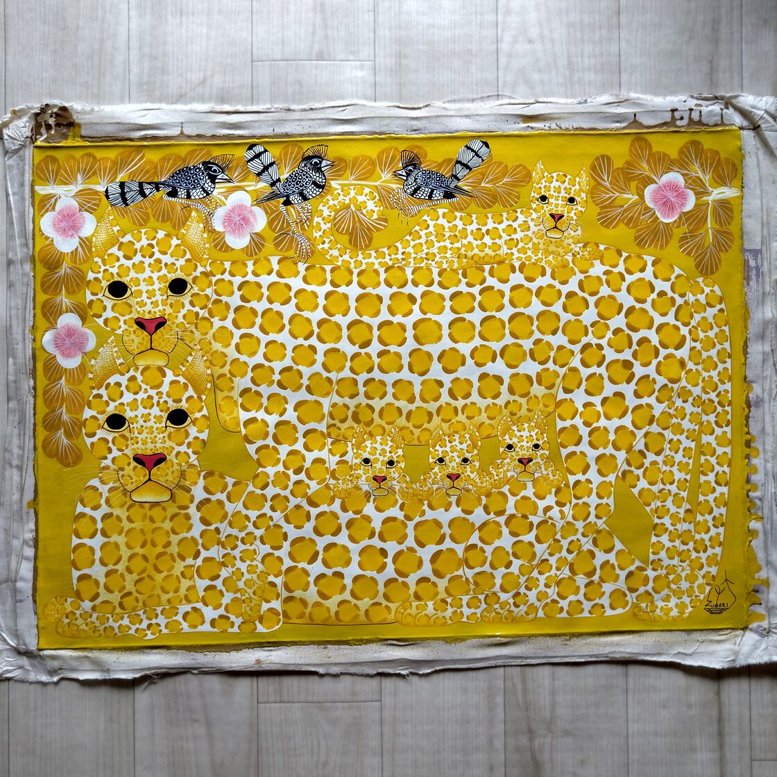 Yellow Leopard family 』Big-Tingatinga by Zuberi 50*70cm | Pay ID