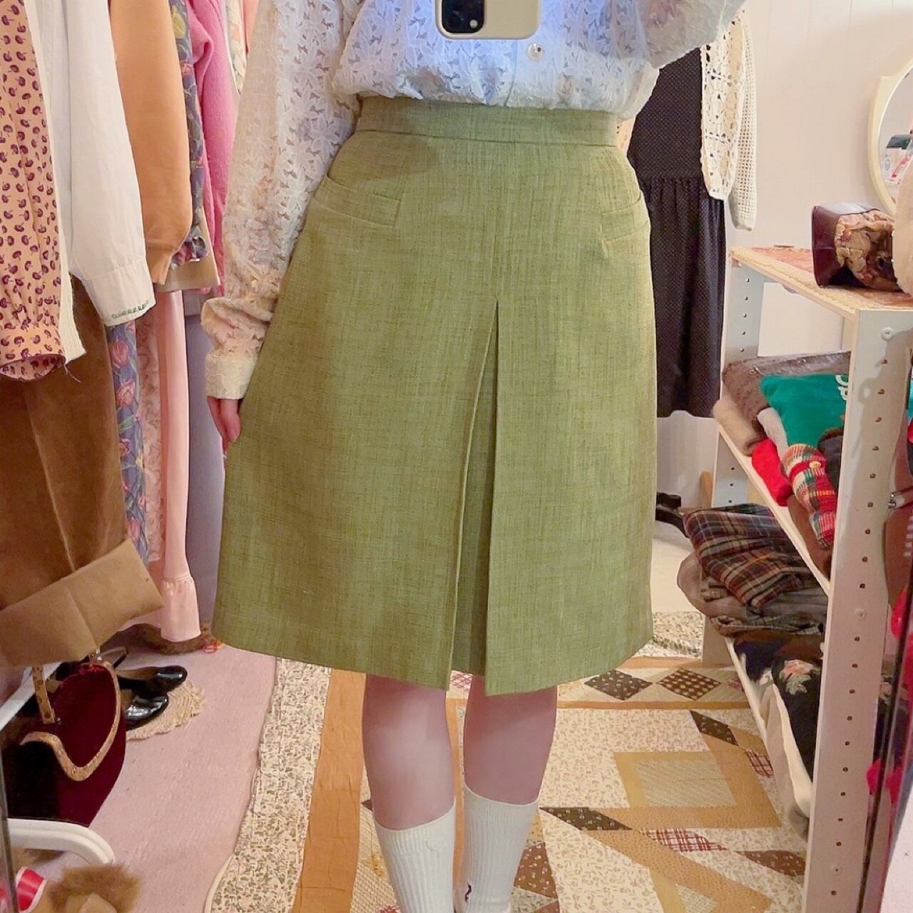 moss green tuck skirt