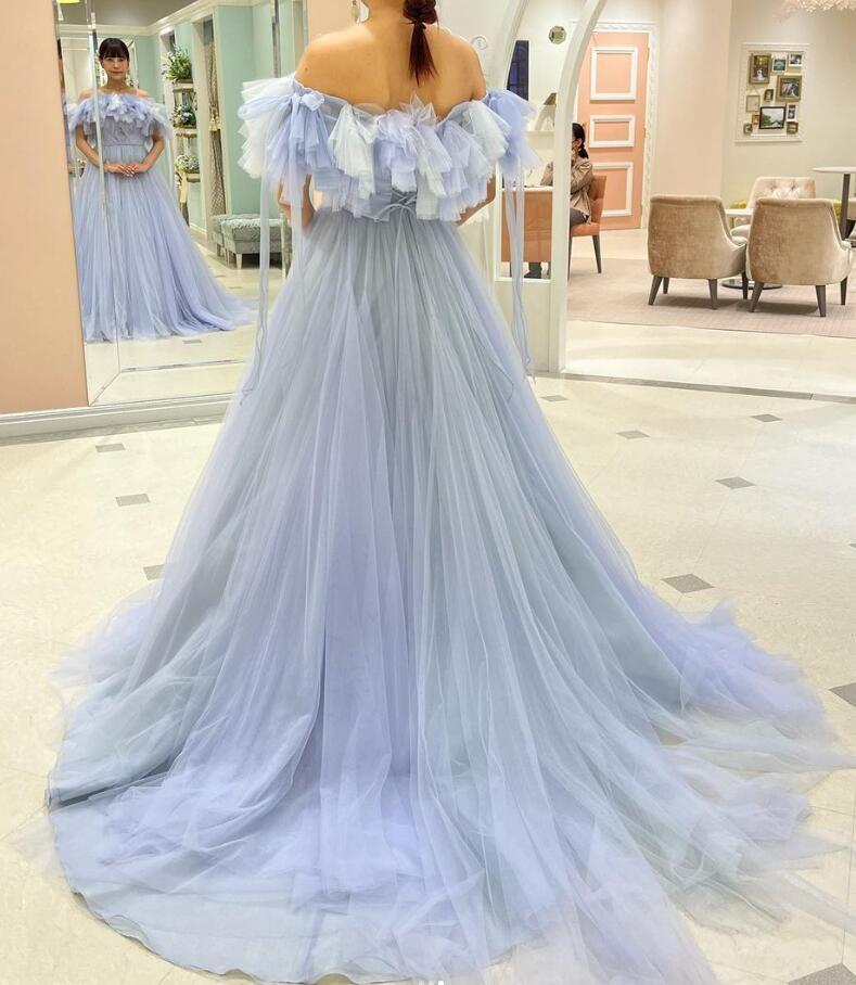 カラードレス オフショルダー パープル 可愛い 海外挙式ドレス ソフト  