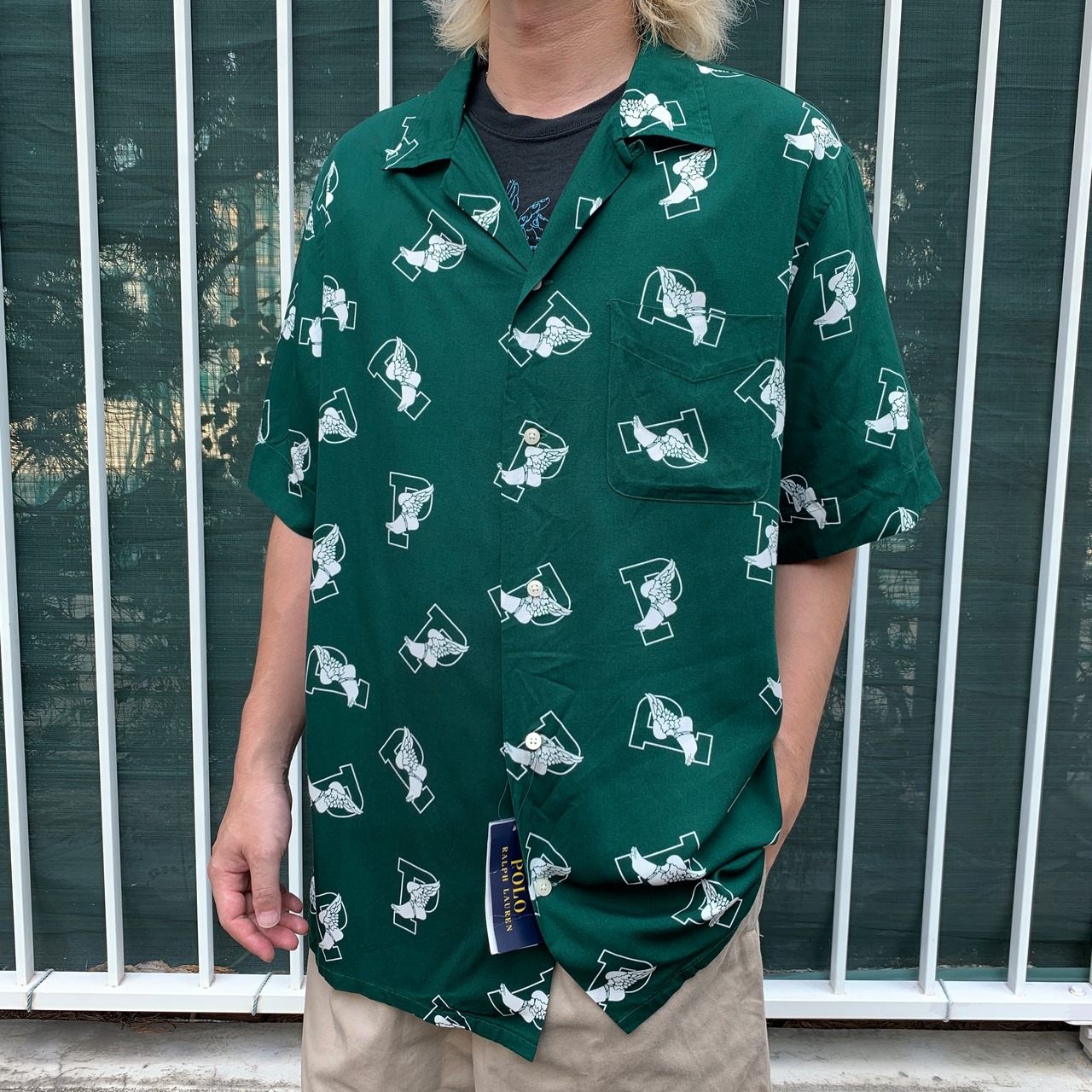 タグ付き未使用☆ラルフローレン　P-Wing総柄シャツ　オープンカラー　緑　L