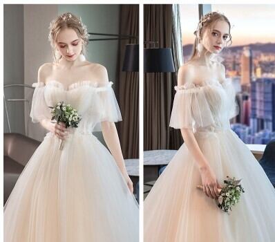 エレガント ウエディングドレス ホワイト オフショルダー トレーン