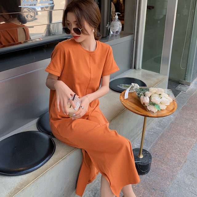 ワンピース レディース ミディ丈 ひざ下丈 カジュアル スリット 背中開き 可愛い おしゃれ ビビッド 半袖 旅行 乗り物 楽チン デート お出かけ オレンジ/ブラック S/M/L/XL