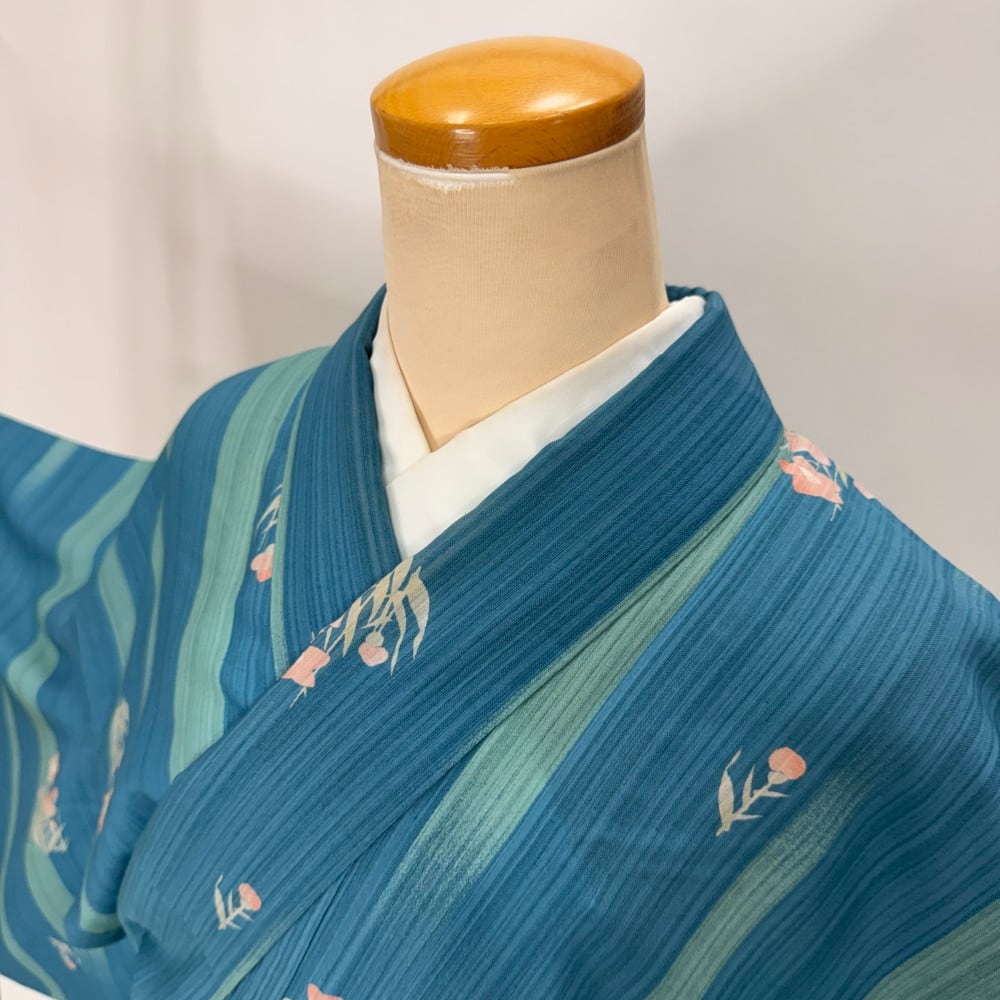 小紋 夏 紗 幅広 大きい 夏用 洗える着物 裄67.5cm 身丈164.5cm 花柄 お洒落着 普段着 ポリエステル 水色 黄緑 美品 L サイズ 5919