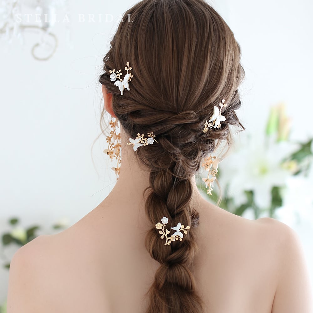 【受注生産品】スワロフスキー&カーヴィングシェルのブライダルヘッドピース ココ・ブランチ パピヨン 4ピースセット