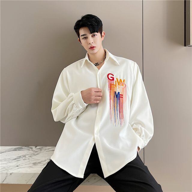 【予約販売】シャツ 長袖 メンズ 刺繍 ホワイト ブラック モノトーン シック こなれ感 お洒落 エレガント 韓国 トレンド 春 M/L/XL/2XL