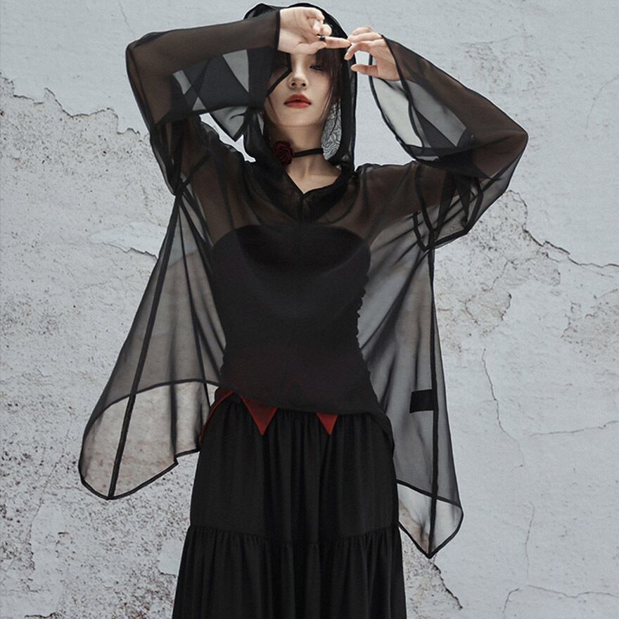 中華ゴシック シフォン シャツ シアー 透け感 ドロップショルダー 大青龍肆 夏服 20代 30代ファッション