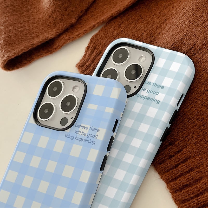 新型iPhone15シリーズ対応】爽やかさん◎ブルーチェック かわいい 青