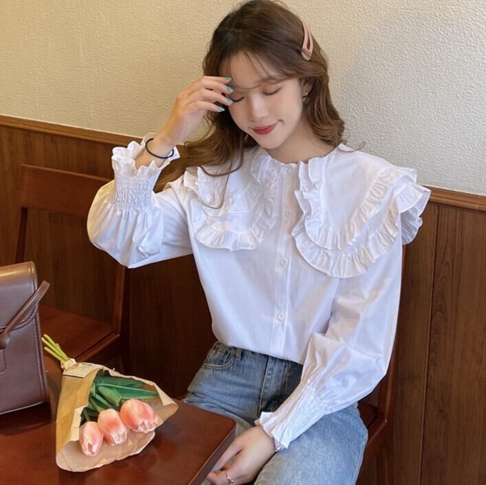 トップス ブラウス 白トップス 長袖 襟付き フリル かわいい 大人