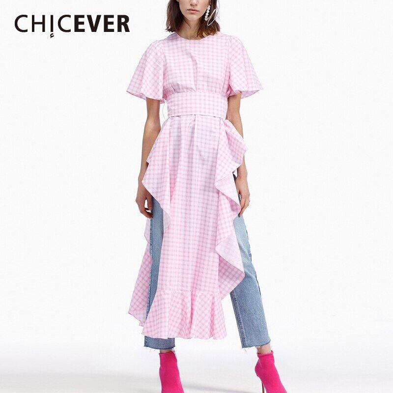 CHICEVERプラスサイズドレスレディースOネック半袖チェック柄ヒットカラーサイドスプリットフリルルーズドレス2020タイド ショート ハーフスリーブ ラッフル 大きめサイズ 6base573980542953