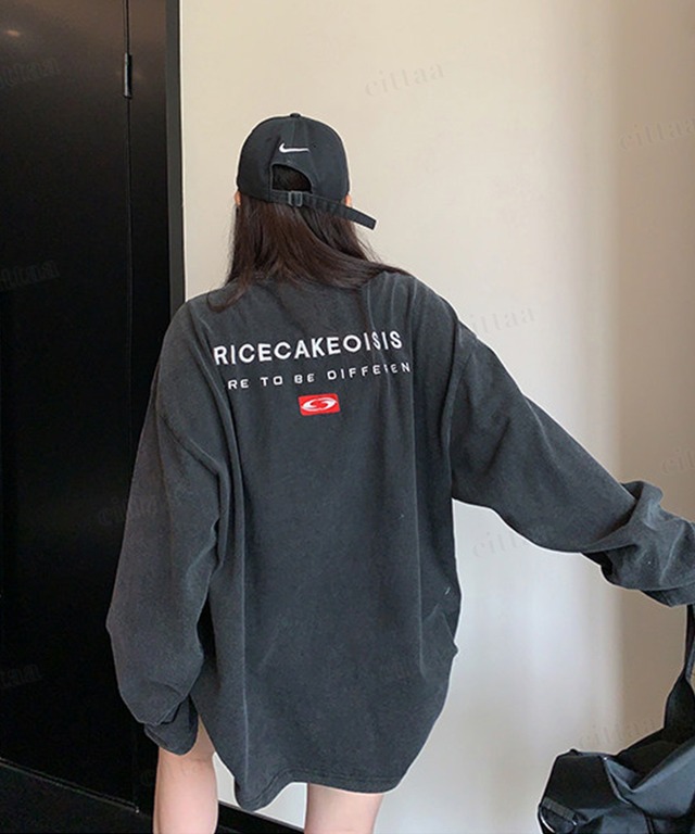 ★予約★D-1293　2026秋新作♡RICECAKE刺繍バックロゴウォッシュ加工長袖Tシャツ　ブラック