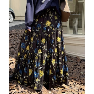 floral tiered pleated long skirt J00073